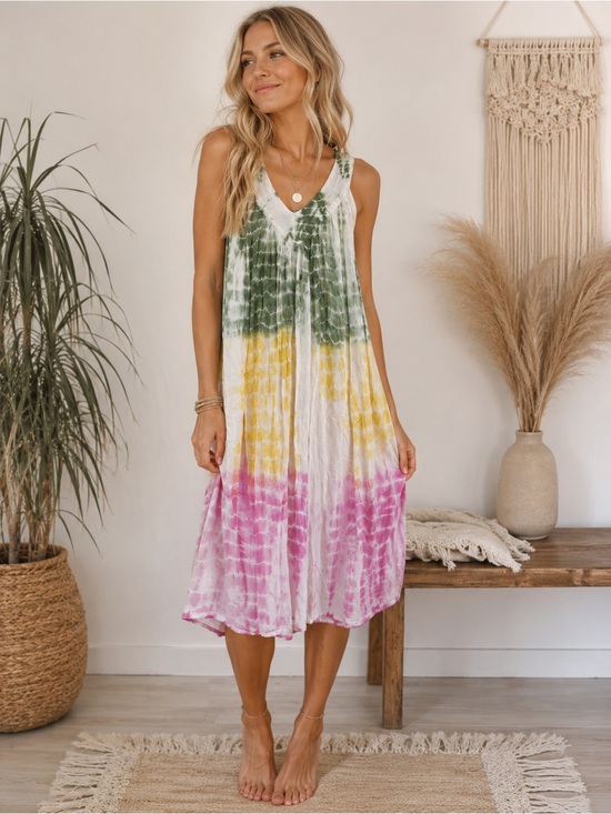 Advance Apparels Dresses & Skirts - Advance Apparels Green Yellow Pink Tie-Dye Midi Dress